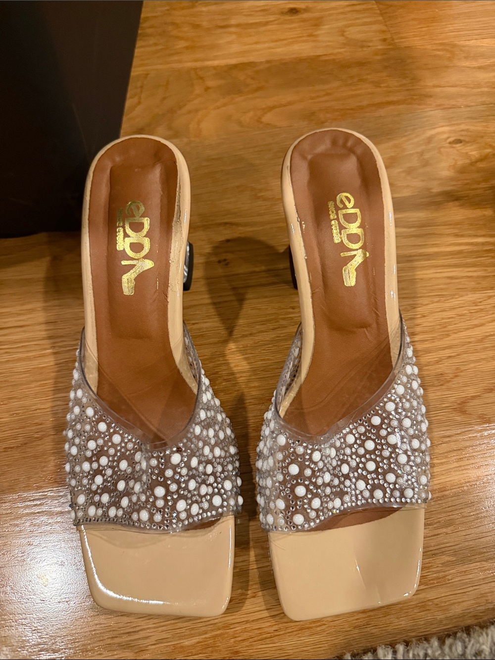 Soda Pearl-Embellished Clear Nude Mules